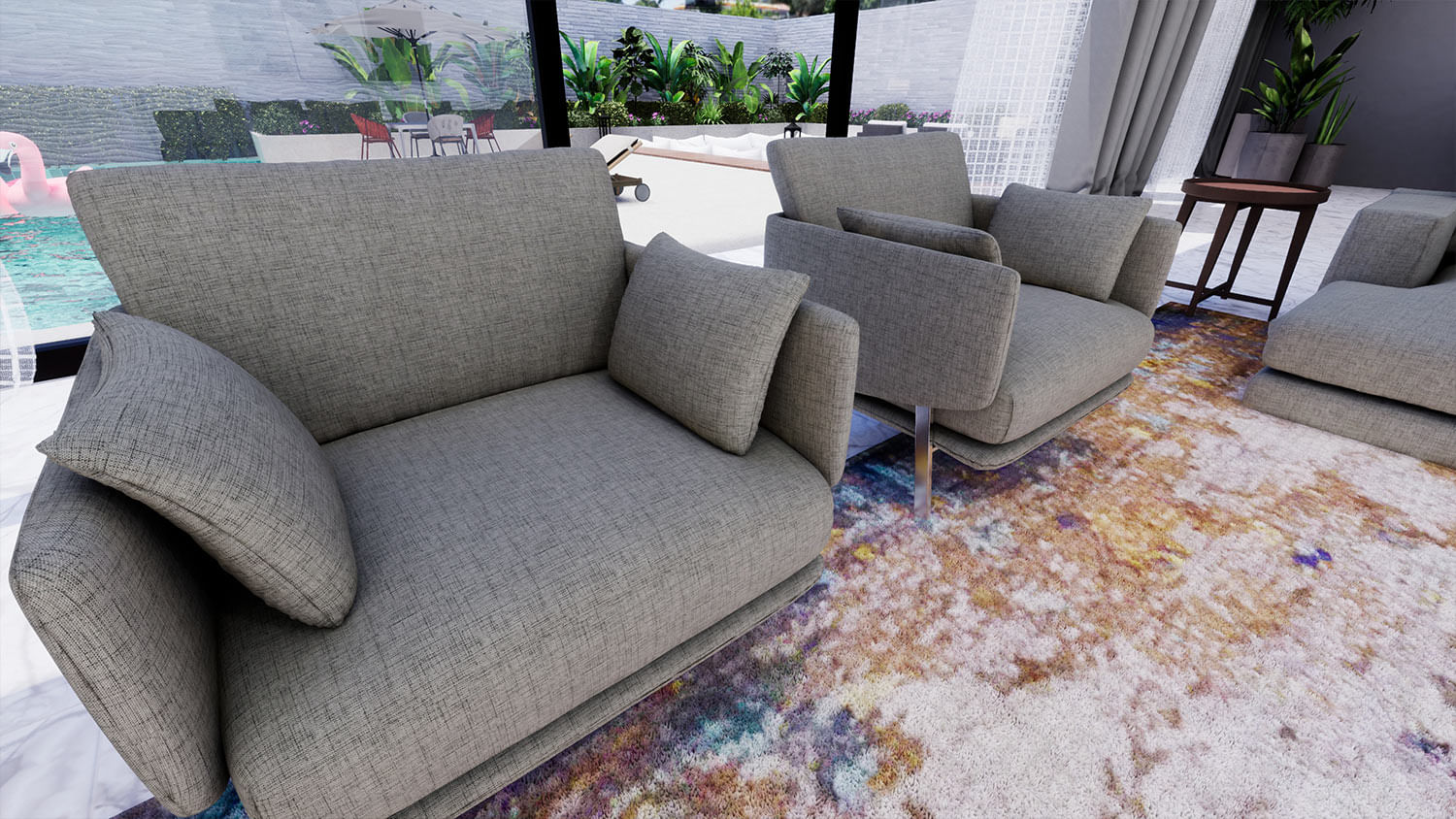 área externa com poltronas e sofás com estofados de tecido impermeável na cor branca e almofadas em tons neutros
